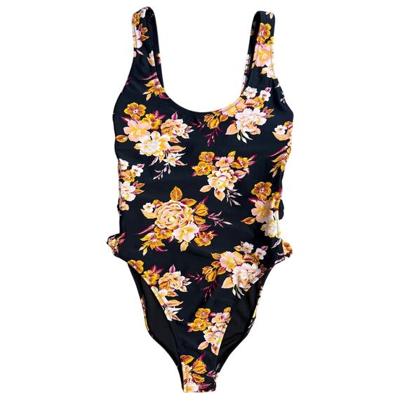 Volcom Swimsuit Cutout Side One-Piece Garden Variety Black Floral Juniors Medium - Picture 3 of 10